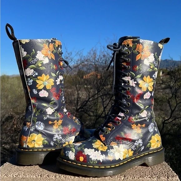 Dr. Martens Slate Gray Blue Floral Tall 14 Eye Lace Up Darcy Boots - Picture 3 of 11